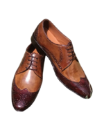 Handmade Brown & Tan Color Genuine Leather Lace Up Wing Tip Brogue's Oxfords Shoes - Image 8