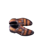 Handmade Tan & Black Color Genuine Calf Leather Belgian Monk Strap Cap Toe Hand Painted Dress Shoes - Image 6