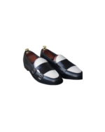 Handmade White & Black Color Genuine Calf Leather Belgian Monk Strap Dress Shoes - Image 2