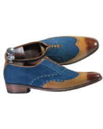 Handmade Tan & Navy Blue Color Genuine Leather & Suede Lace Up Hand Painted Wing Tip Oxfords Dress Shoes - Image 5