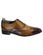 Handmade Tan Color Genuine Leather Lace Up Hand Painted Wing Tip Brogue,s Oxfords Dress Shoes - Image 2