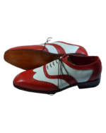 Handmade White & Red Color Genuine Leather Wing Tip Brogues Lace Up Oxfords Dress Shoes - Image 3