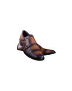 Handmade Tan & Black Color Genuine Calf Leather Belgian Monk Strap Cap Toe Hand Painted Dress Shoes - Image 2