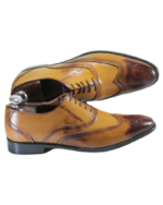Handmade Tan Color Genuine Leather Lace Up Hand Painted Wing Tip Brogue,s Oxfords Dress Shoes - Image 3