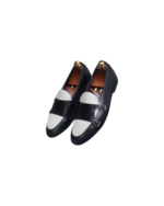 Handmade White & Black Color Genuine Calf Leather Belgian Monk Strap Dress Shoes