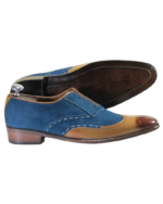 Handmade Tan & Navy Blue Color Genuine Leather & Suede Lace Up Hand Painted Wing Tip Oxfords Dress Shoes - Image 2