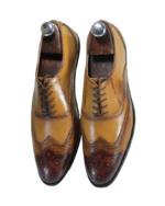 Handmade Tan Color Genuine Leather Lace Up Hand Painted Wing Tip Brogue,s Oxfords Dress Shoes - Image 4