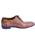 Handmade Tan Brown Patina Color Genuine Leather Stylish Cap Toe Hand Painted Oxfords Dress Shoes - Image 2