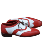 Handmade White & Red Color Genuine Leather Wing Tip Brogues Lace Up Oxfords Dress Shoes - Image 5