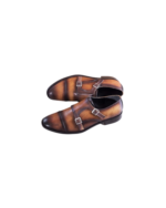 Handmade Tan & Black Color Genuine Calf Leather Belgian Monk Strap Cap Toe Hand Painted Dress Shoes - Image 4