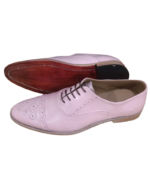 Handmade Baby Pink Color Genuine Leather Lace Up Hand Painted Cap Toe Brogue's Oxfords Dress Shoes - Image 7