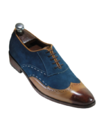 Handmade Tan & Navy Blue Color Genuine Leather & Suede Lace Up Hand Painted Wing Tip Oxfords Dress Shoes - Image 3