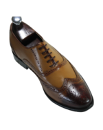 Handmade Tan Color Genuine Leather Lace Up Hand Painted Wing Tip Brogue,s Oxfords Dress Shoes - Image 5