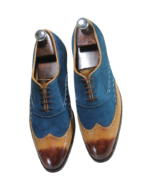 Handmade Tan & Navy Blue Color Genuine Leather & Suede Lace Up Hand Painted Wing Tip Oxfords Dress Shoes - Image 4
