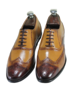 Handmade Tan Color Genuine Leather Lace Up Hand Painted Wing Tip Brogue,s Oxfords Dress Shoes - Image 6