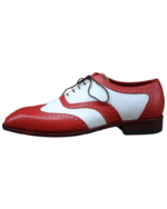 Handmade White & Red Color Genuine Leather Wing Tip Brogues Lace Up Oxfords Dress Shoes - Image 7