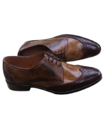 Handmade Brown & Tan Color Genuine Leather Lace Up Wing Tip Brogue's Oxfords Shoes - Image 6