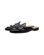 Handmade Black Color Original Leather Stylish Belgian Monk Strap Mules Back Less Shoes
