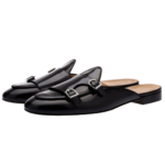 Handmade Black Color Original Leather Stylish Belgian Monk Strap Mules Back Less Shoes - Image 3