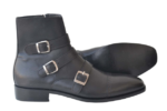 Handmade Black Color Original Leather Stylish Cap Toe High Ankle Triple Monk Strap Side Zipper Boots - Image 4