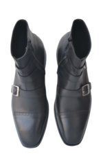 Handmade Black Color Original Leather Stylish Cap Toe High Ankle Triple Monk Strap Side Zipper Boots - Image 7