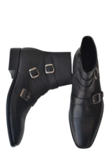 Handmade Black Color Original Leather Stylish Cap Toe High Ankle Triple Monk Strap Side Zipper Boots - Image 8