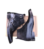 Handmade Black Color Original Leather & Suede Stylish Cap Toe High Ankle Triple Monk Strap Jodhpurs Boots - Image 2