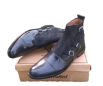 Handmade Black Color Original Leather & Suede Stylish Cap Toe High Ankle Triple Monk Strap Jodhpurs Boots - Image 3