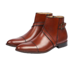 Handmade Brown Color Original Leather Stylish Cap Toe High Ankle Side Zipper Rounded Buckle Strap Jodhpurs Boots - Image 2