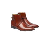 Handmade Brown Color Original Leather Stylish Cap Toe High Ankle Side Zipper Rounded Buckle Strap Jodhpurs Boots