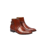 Handmade Brown Color Original Leather Stylish Cap Toe High Ankle Side Zipper Rounded Buckle Strap Jodhpurs Boots
