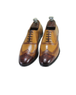Handmade Tan Color Genuine Leather Lace Up Hand Painted Wing Tip Brogue,s Oxfords Dress Shoes