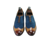 Handmade Tan & Navy Blue Color Genuine Leather & Suede Lace Up Hand Painted Wing Tip Oxfords Dress Shoes