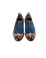 Handmade Tan & Navy Blue Color Genuine Leather & Suede Lace Up Hand Painted Wing Tip Oxfords Dress Shoes