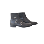 Handmade Black Color Original Leather Stylish Cap Toe High Ankle Triple Monk Strap Side Zipper Boots